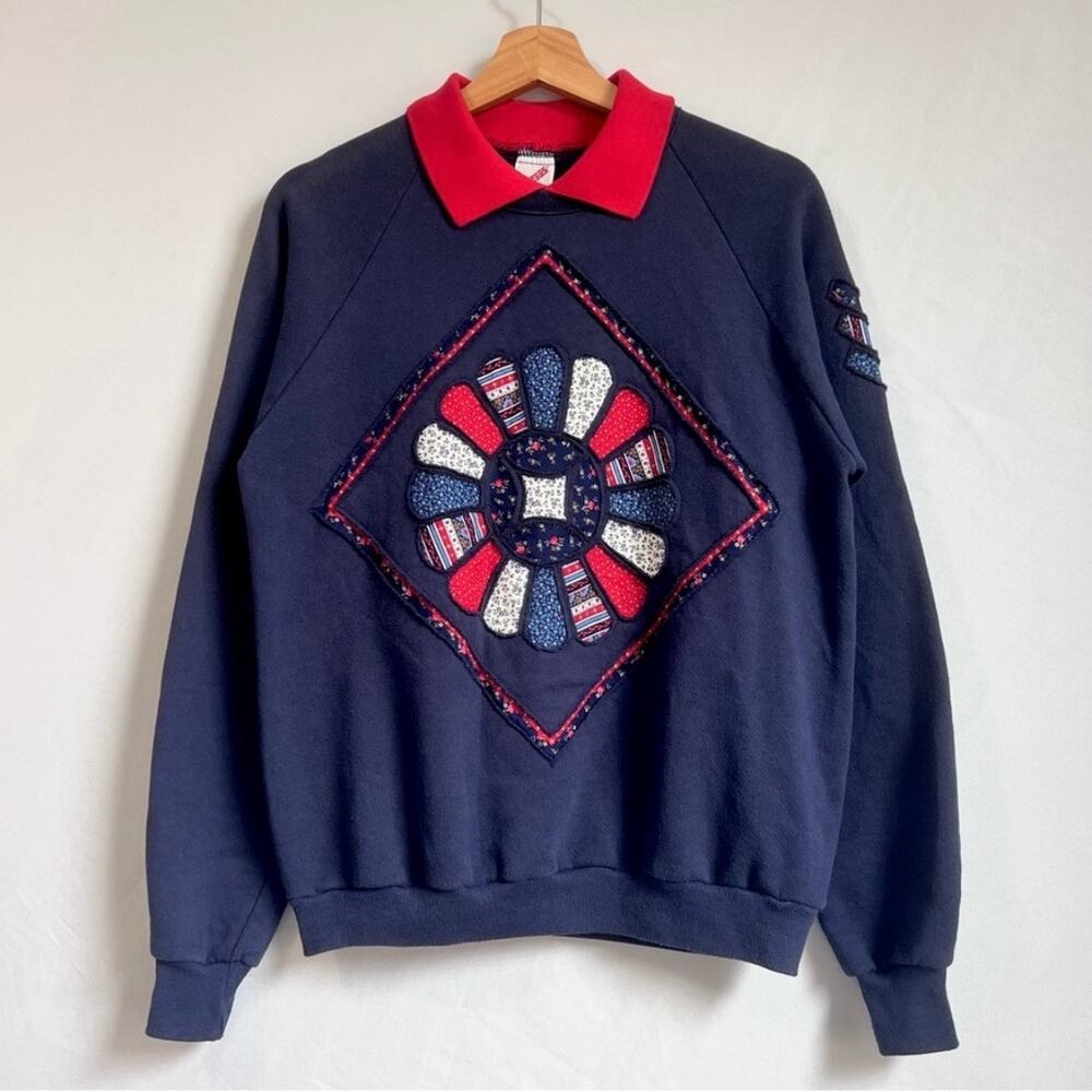 Vintage Reverse Applique Patchwork Flower Crew Co… - image 1